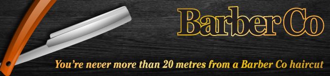 A straight razor next to the Barber Co logo - you're never more than 20 metres from a Barber Co haircut